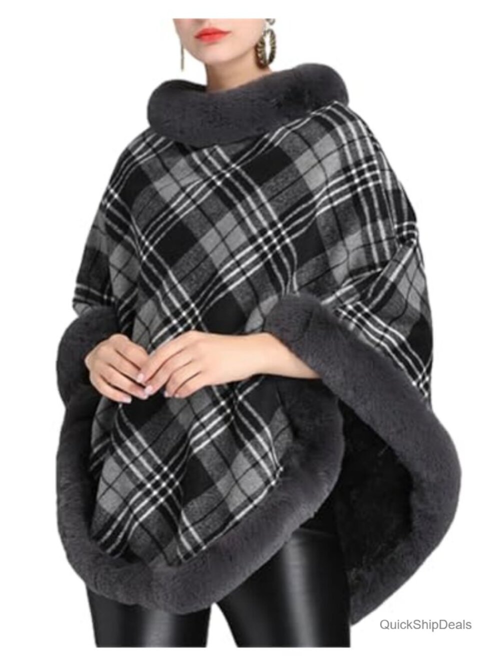 Women's Faux Fur Collar Cape Poncho Shawl Wrap Winter Fleece